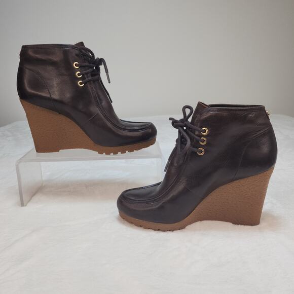 Michael Kors Boots 6.5 Wedges Ankle Brown Leather Lace Up Dark Academia Moc Toe - Picture 3 of 15